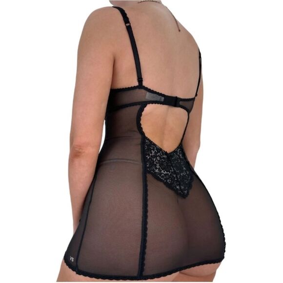 Y2K VINTAGE Victoria's Secret Sheer  Black Beige Slip Dress Keyhole Back‎ 34B - Picture 2 of 11